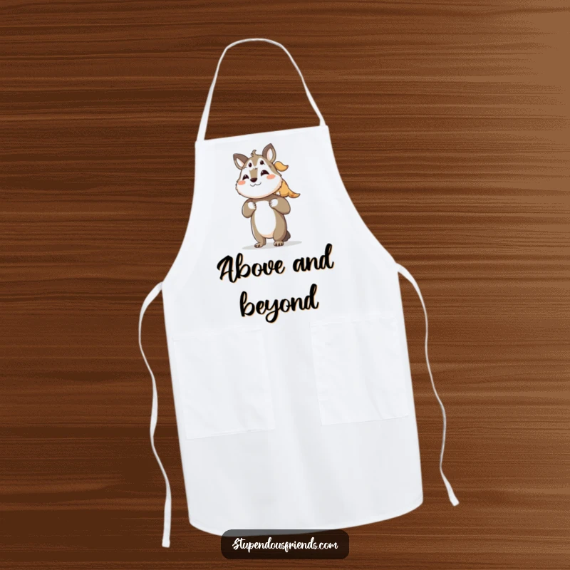 Funny apron with an animal character proudly lifting a smaller companion, perfect for adding humor to cooking adventures.