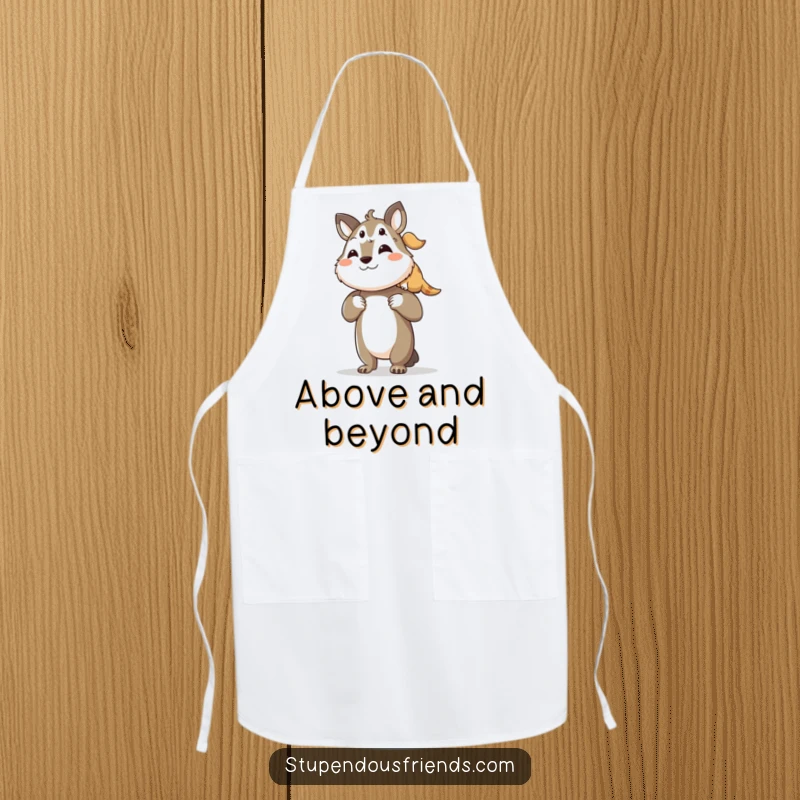 Funny apron with an animal character proudly lifting a smaller companion, perfect for adding humor to cooking adventures.