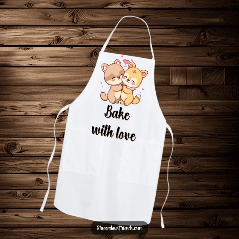 Funny apron design with two animal characters embracing lovingly, hearts radiating outwards, perfect for kitchen warmth.
