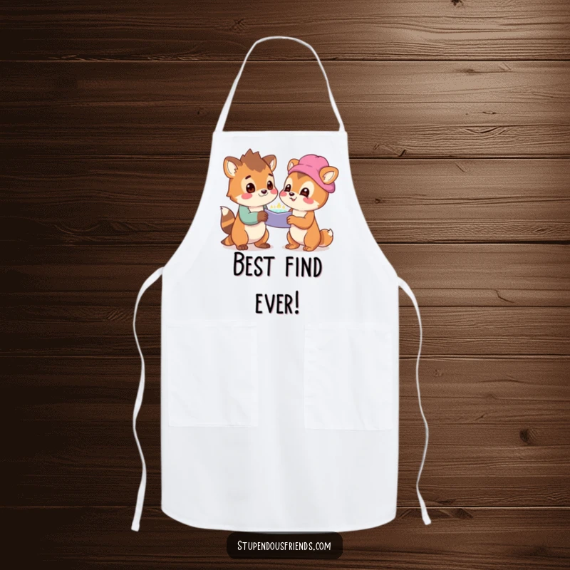 Funny Apron depicting two animals gazing at a wondrous discovery with expressions of shared delight and excitement, perfect for chefs.