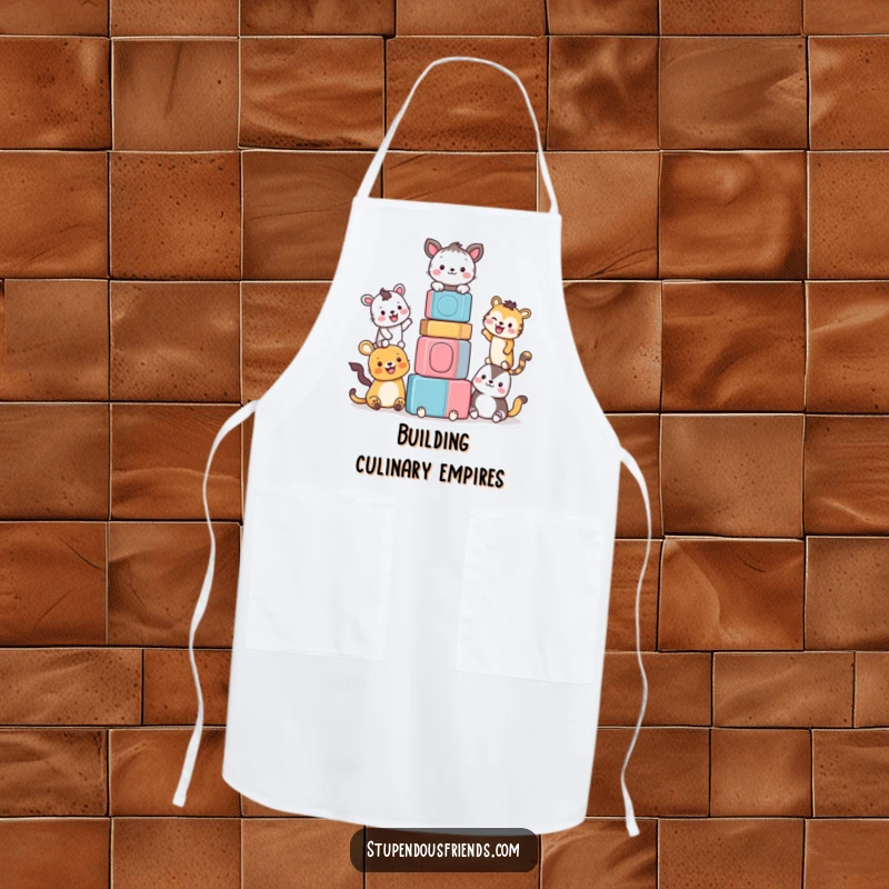 Funny apron illustrating smiling animals working together to build a colorful tower of blocks, perfect for kitchen fun.
