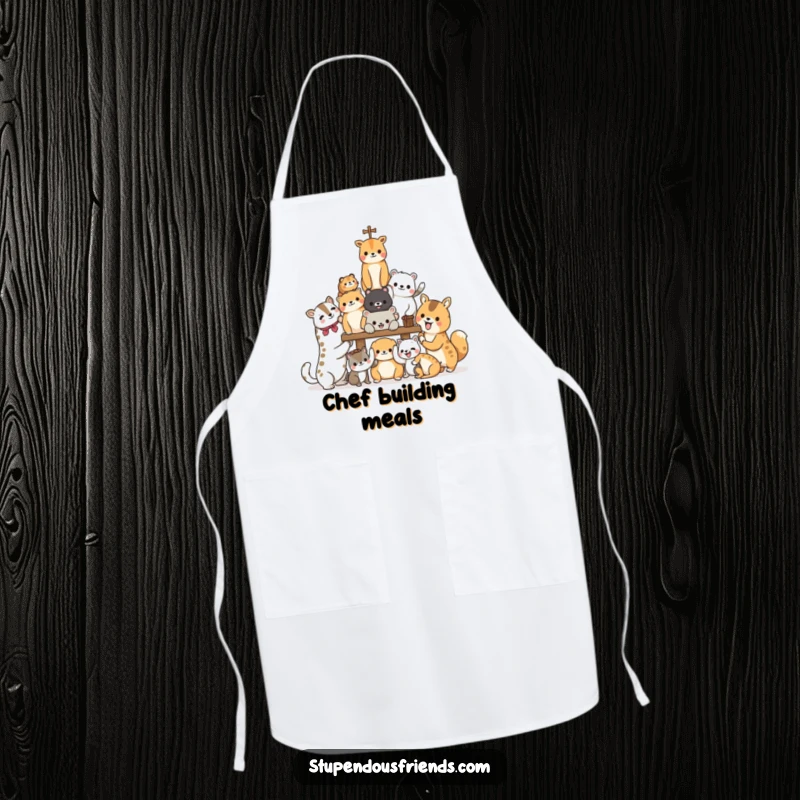 Funny Animal Apron showing characters joyfully building a structure, promoting teamwork and shared effort with a humorous and practical kitchen accessory.
