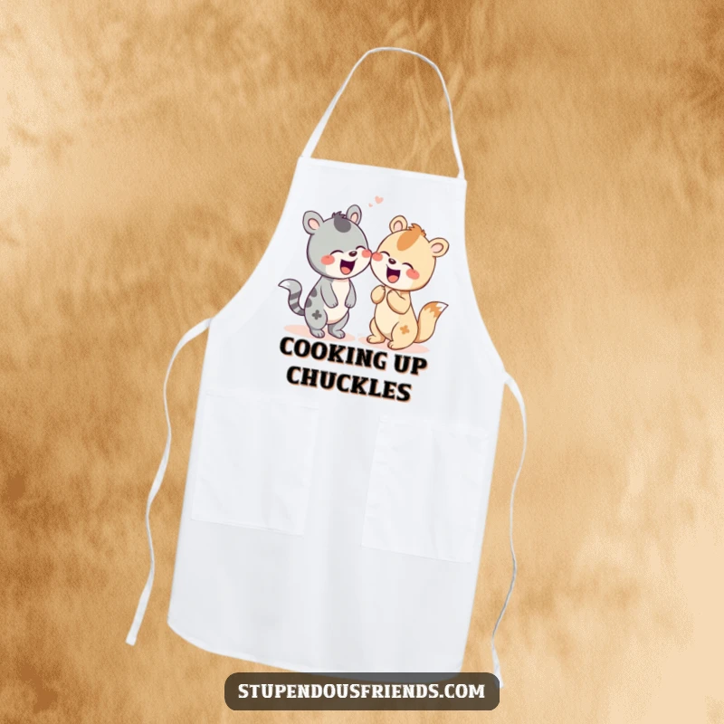 Funny apron with two adorable animal characters sharing a hearty giggle, perfect for the kitchen.