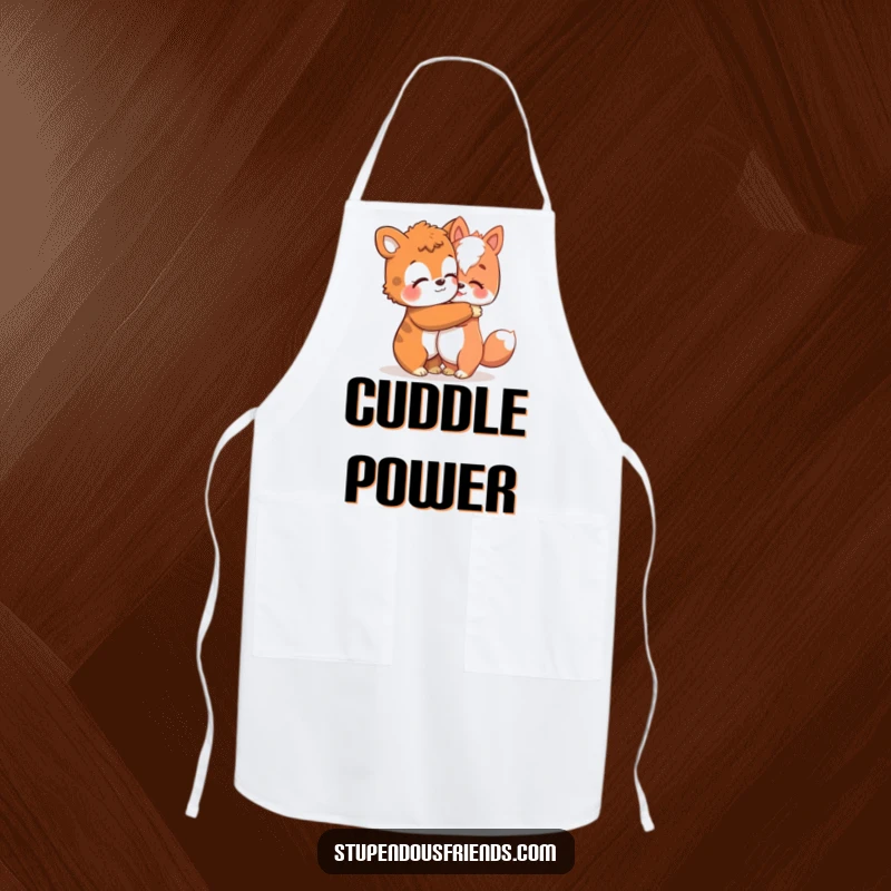Funny apron art of an animal character giving a warm hug, adding a touch of comfort and humor to cooking.