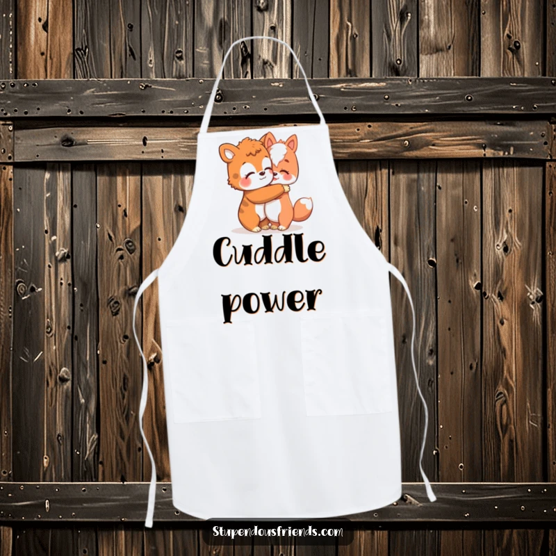 Funny apron art of an animal character giving a warm hug, adding a touch of comfort and humor to cooking.