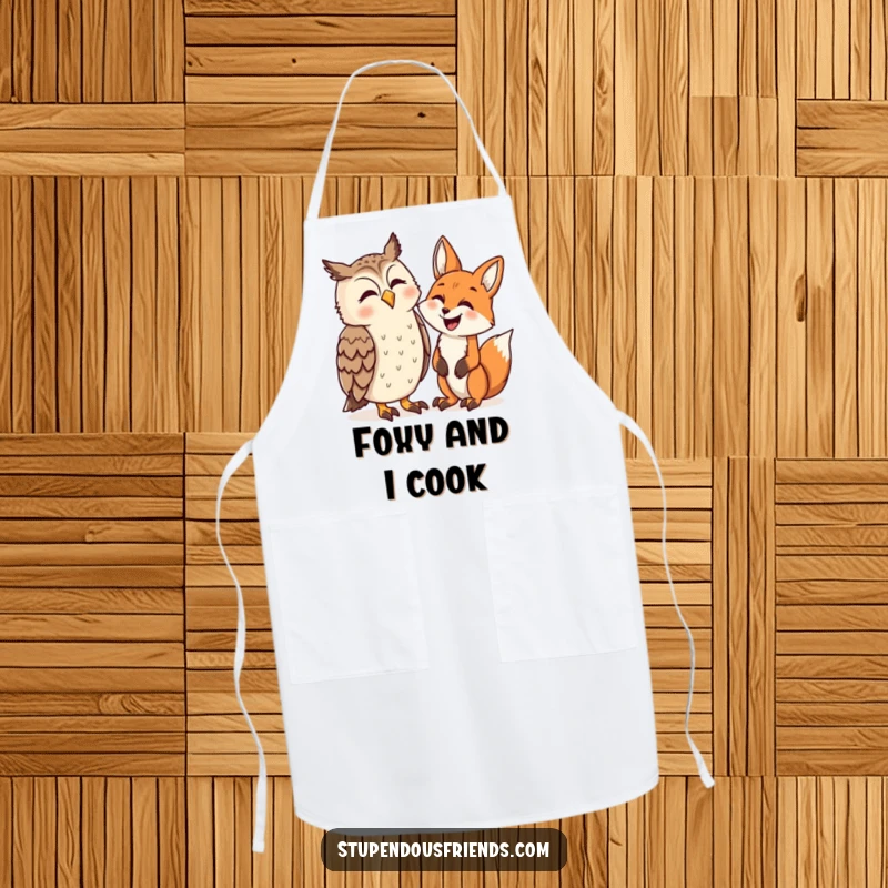 Funny apron depicting a jovial owl and a chuckling fox, ready to join in the culinary fun. Protects clothes with style.