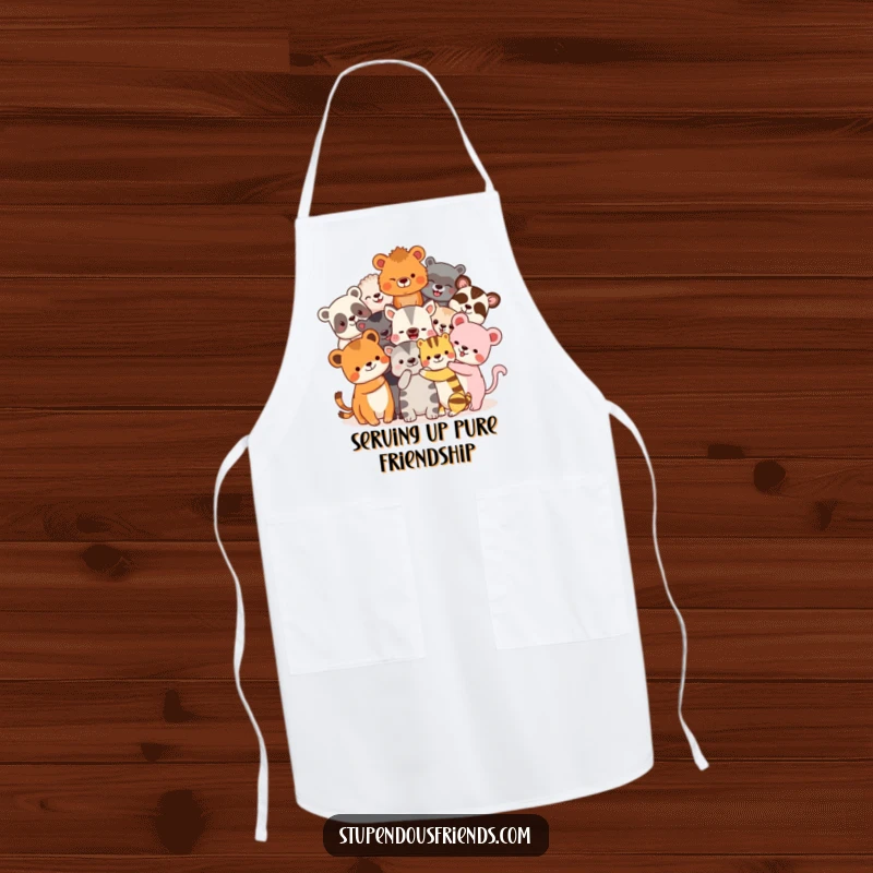 Funny Apron: Diverse animal friends share a giant, loving hug. This durable and funny apron is perfect for a joyful cooking experience.