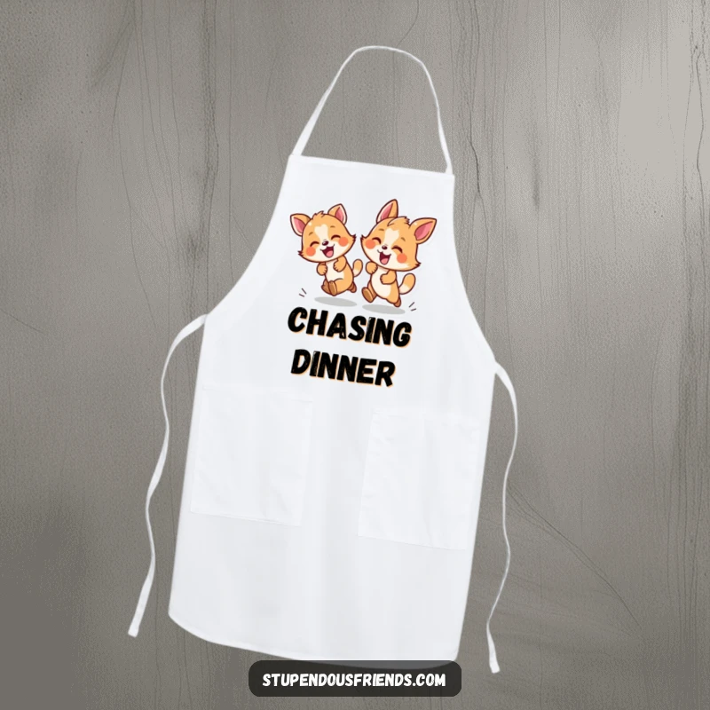 Funny kitchen apron with two animals in a joyful chase, designed for cooks who enjoy playful energy.