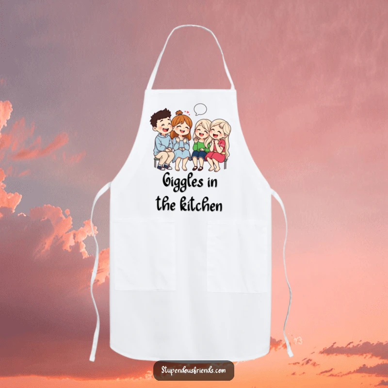 Funny apron showing friends laughing together while cooking or eating, perfect for keeping clothes clean during humorous kitchen sessions.