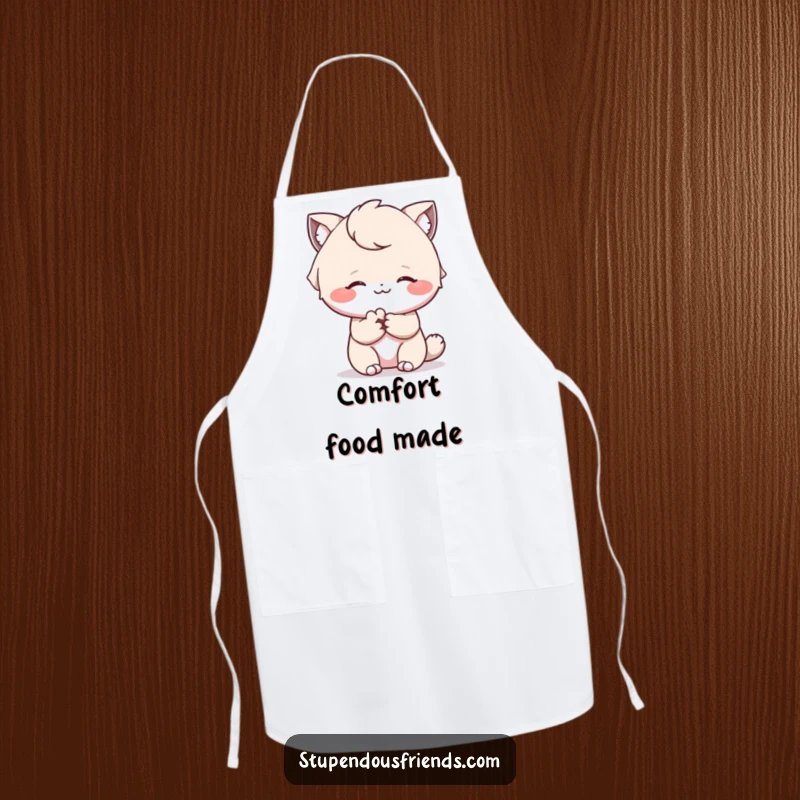 Funny apron illustrating a comforting paw offered with a gentle smile, ready for kitchen kindness.