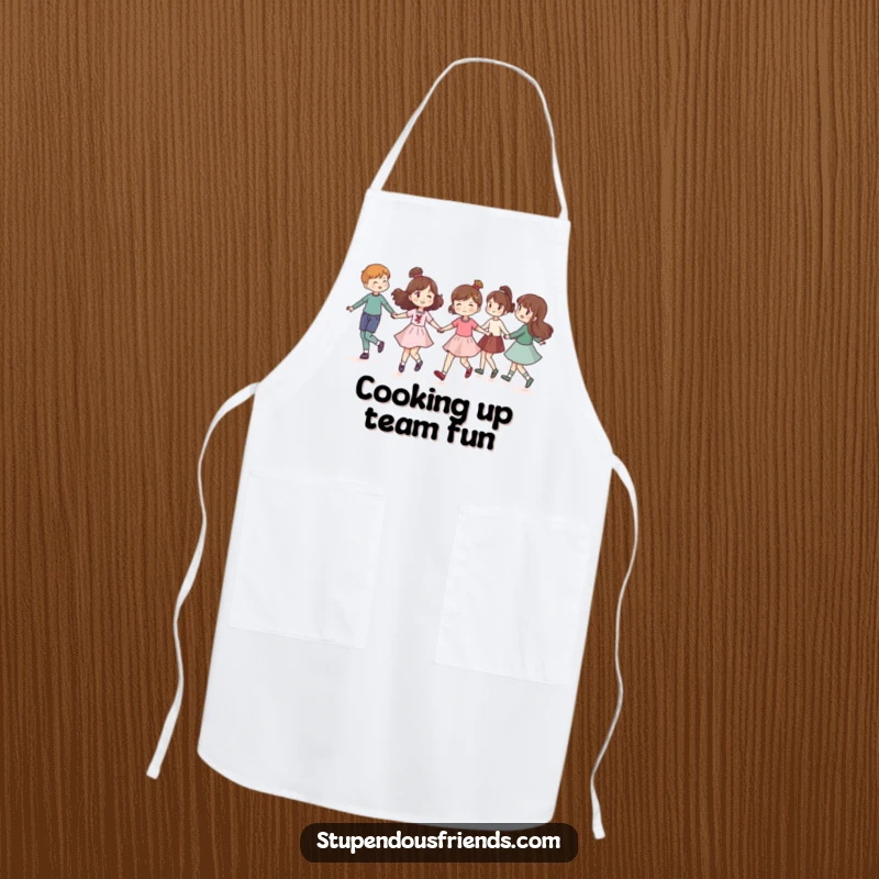 Funny apron showing friends holding hands and skipping in a circle, perfect for adding a touch of communal humor to kitchen tasks.