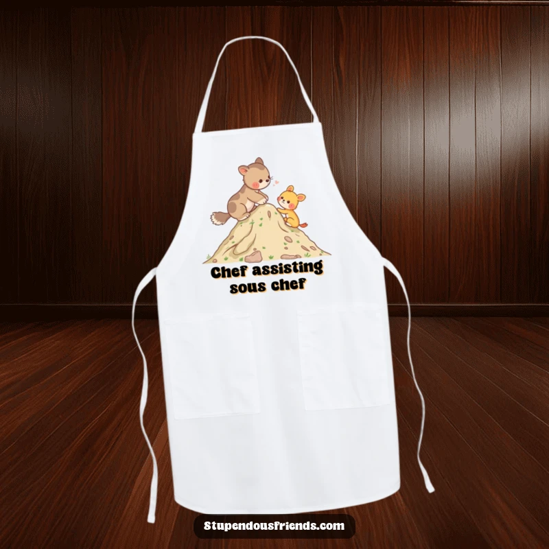 Funny Apron featuring an animal helping another up a small hill, adding humor and a message of support to kitchen activities.