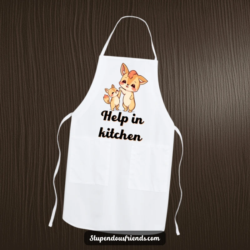 Funny apron design with an animal character offering a helping paw, bringing a message of support to the kitchen.