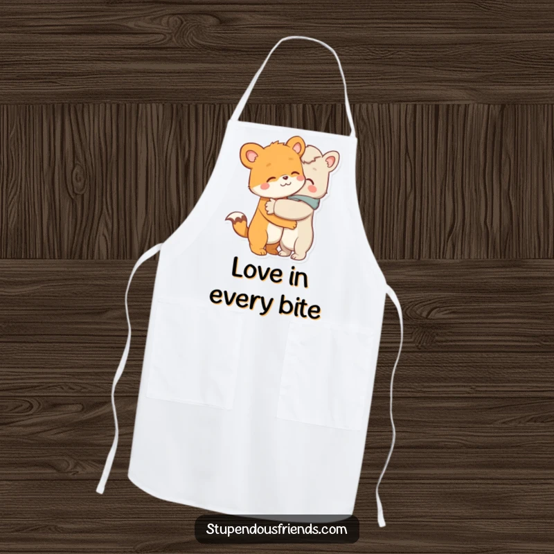 Funny apron, two cartoon animal characters in a close, comforting hug, symbolizing friendship and spreading warmth during meal preparation.