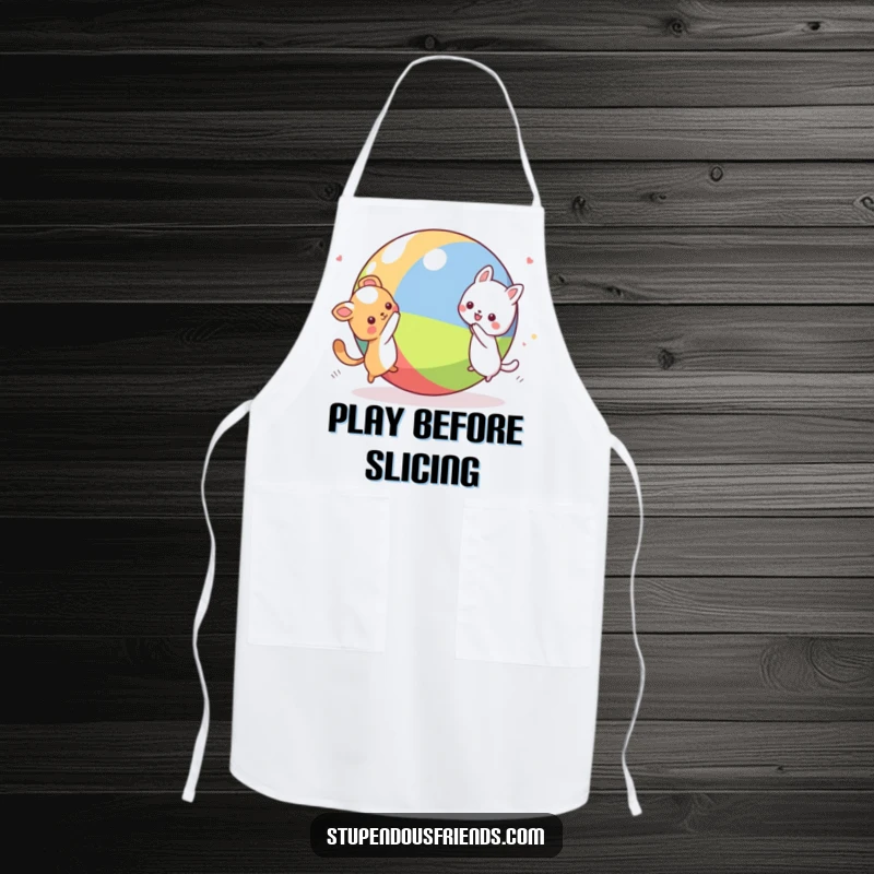 Funny Kawaii animal characters engaged in a chase around a giant ball, printed on a functional apron, a humorous kitchen accessory gift.