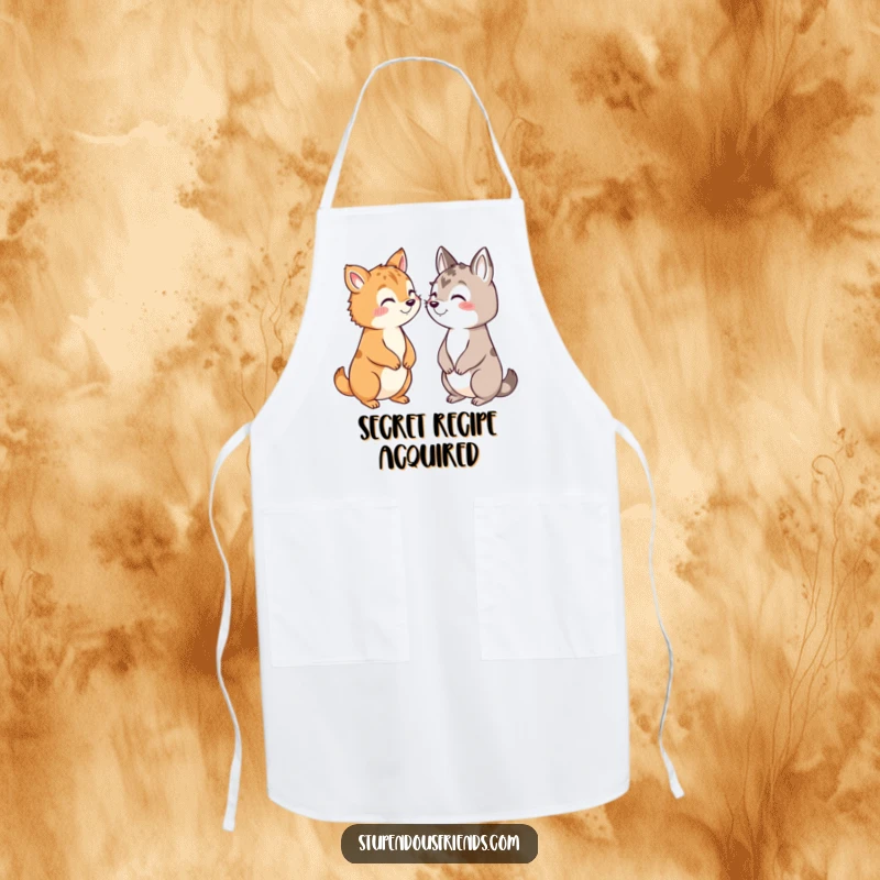 Funny apron showing animals exchanging secrets with conspiratorial grins, perfect for adding humor to cooking.