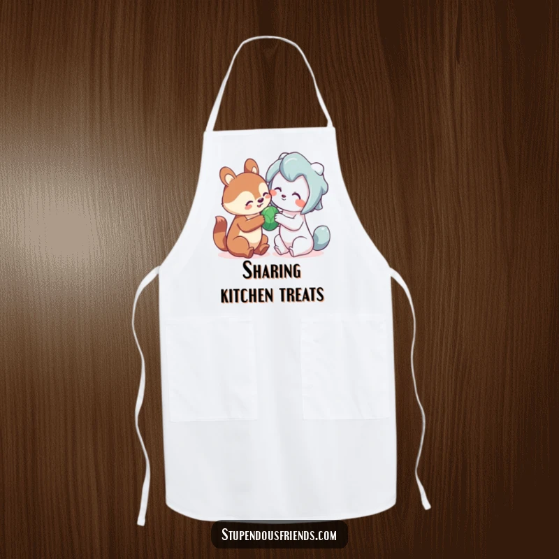 Funny sharing animal apron with a cute creature playfully sharing a toy, adding humor to kitchen tasks.