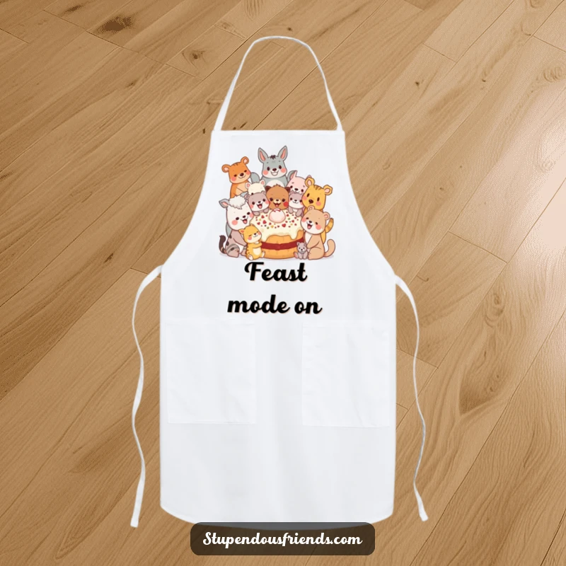 Funny Apron: A diverse group of animal characters gathered to share a giant treat, adding a festive touch to cooking.