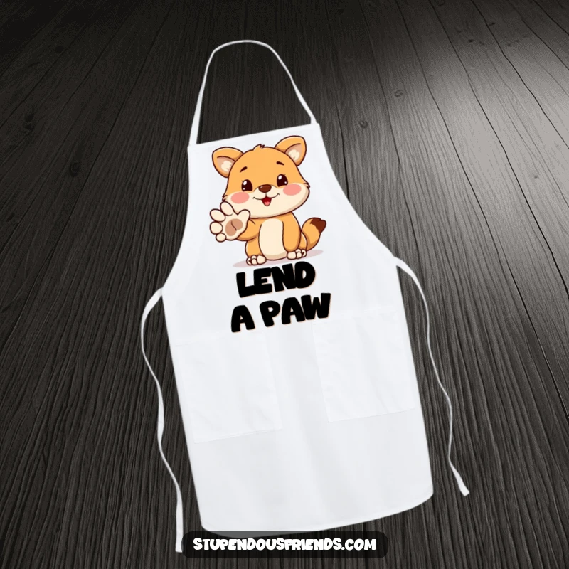 Funny apron with a cute animal extending its paw in a funny, welcoming kitchen gesture. Ideal for chefs and home cooks seeking funny attire.