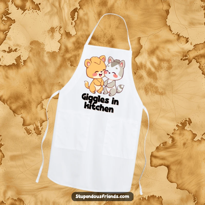 Funny kitchen apron with two adorable animals whispering and giggling, designed for cooks who enjoy humor.
