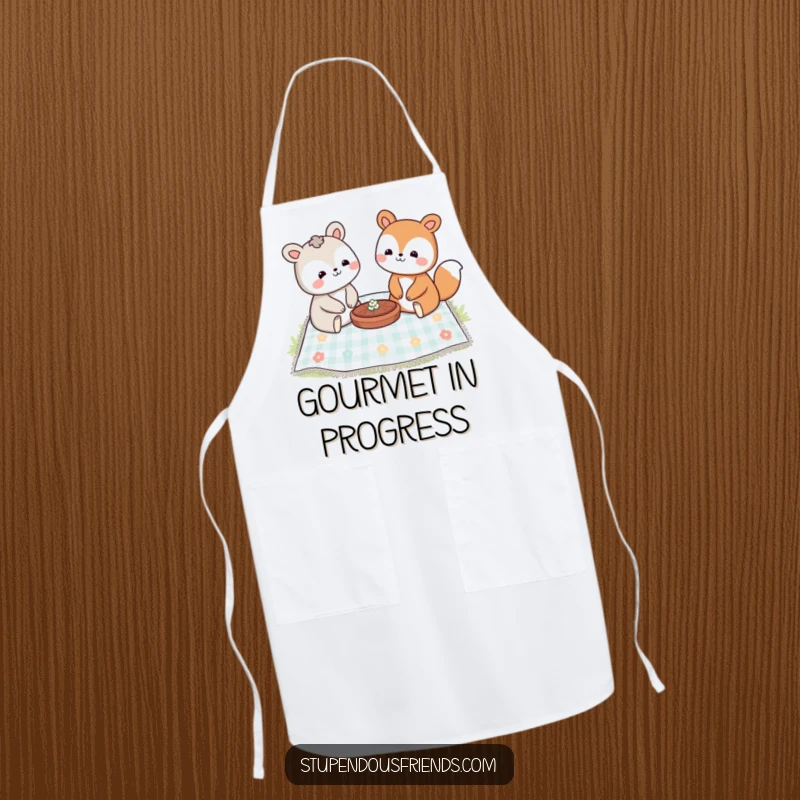 Funny apron design showcasing two happy animal characters sharing a picnic feast on a blanket, ready for outdoor dining.