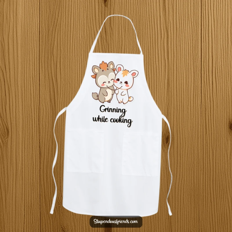 Funny happy animal friends chef apron, two characters sharing a giant smiley face, designed for happy cooking.