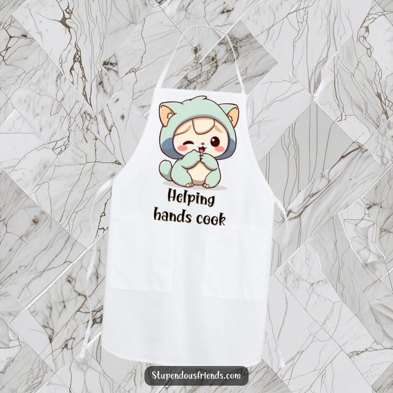 Funny Apron designed with a character offering a paw to help another, perfect for kitchen activities.
