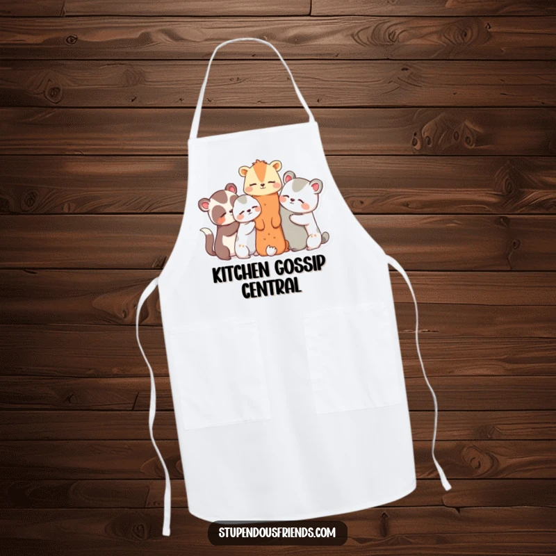 Funny apron featuring a group of animal characters huddled together, sharing secrets and giggles, perfect for cooking together.