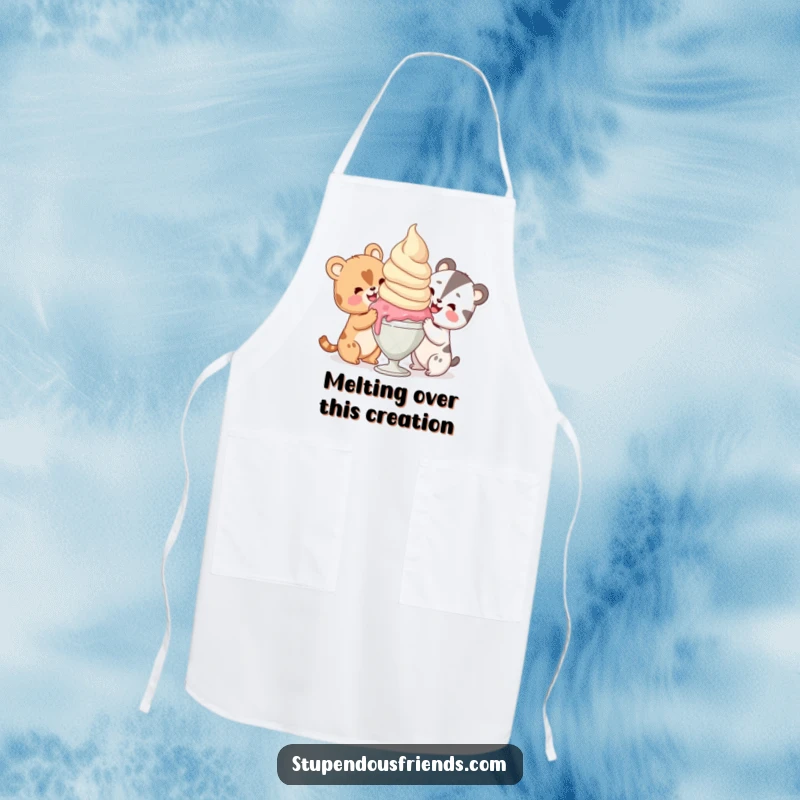 Funny animal characters sharing an oversized scoop of ice cream with pure delight, adding a humorous touch to this kitchen apron.