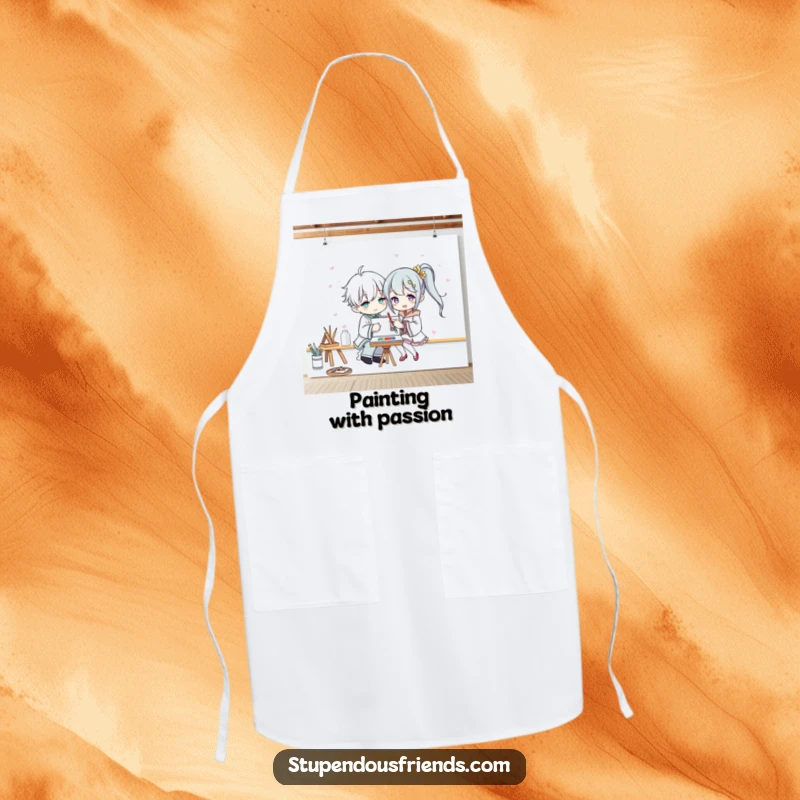 Funny apron showing two characters joyfully splashing paint on a large canvas, ideal for protecting clothes during messy, humorous artistic endeavors.