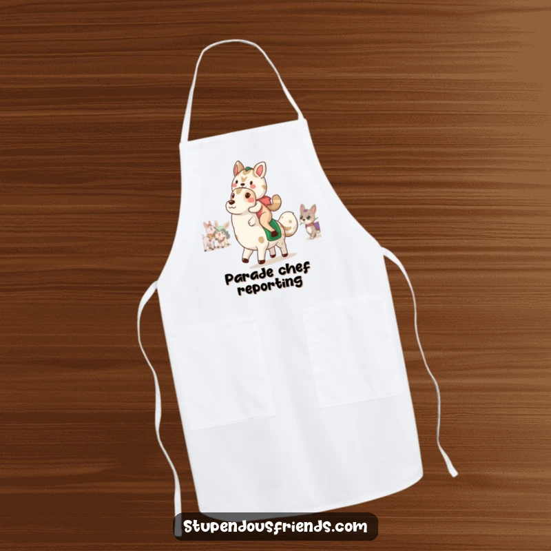 Funny Apron: A chef's apron adorned with a funny animal parade illustration, showing characters in a cheerful procession, perfect for kitchen fun.