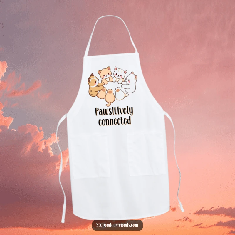 Funny apron showing a group of friendly animals holding paws in a circle, perfect for kitchen unity and adding a humorous touch.