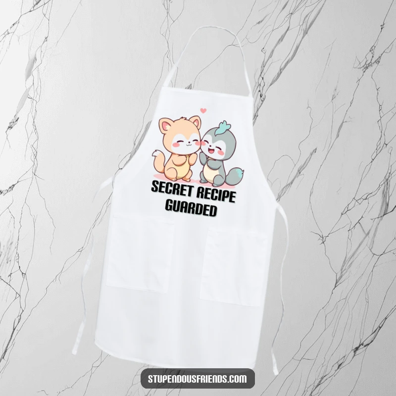 Funny apron illustrating two animals sharing a secret and giggling, ready for kitchen fun.