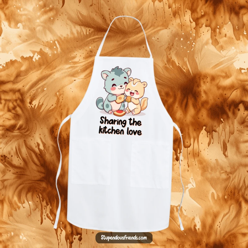 Funny Animal Apron showing characters joyfully sharing food, promoting friendship and generosity with a humorous and practical kitchen accessory.