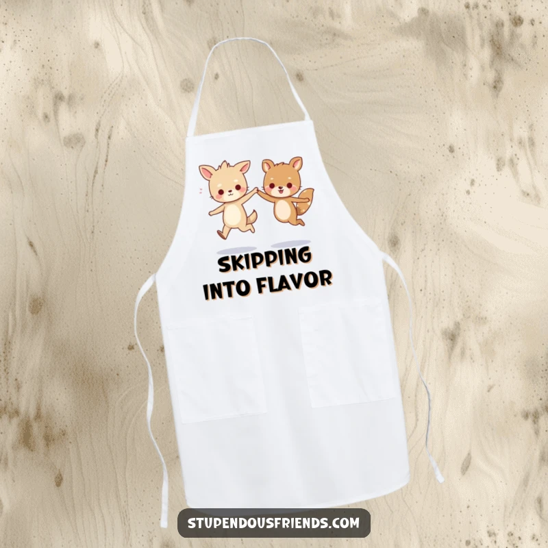 Funny apron depicting two cheerful animal characters skipping together while holding hands, adding a humorous and playful touch to kitchen activities.