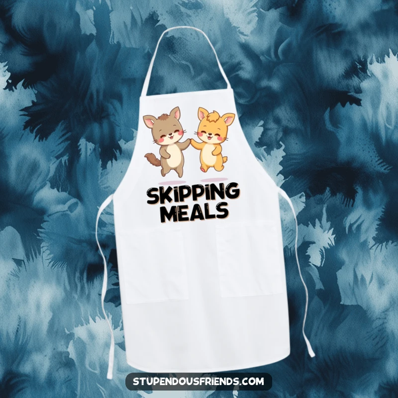 Funny apron depicting two cartoon animal characters joyfully skipping, ready for culinary adventures, adding a humorous touch.