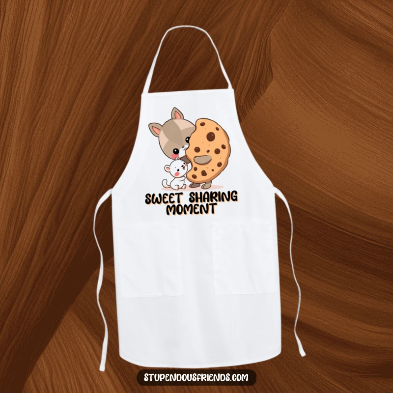 Funny Apron designed with an animal character sharing a giant cookie with a smaller friend, perfect for collaborative baking.