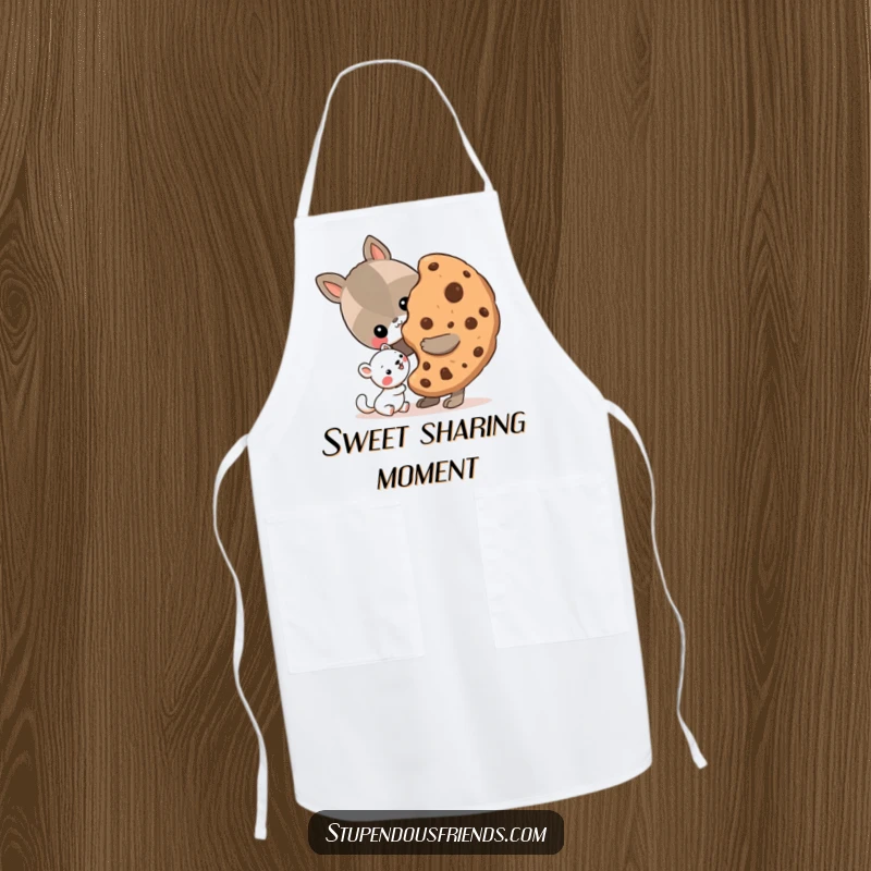 Funny Apron designed with an animal character sharing a giant cookie with a smaller friend, perfect for collaborative baking.