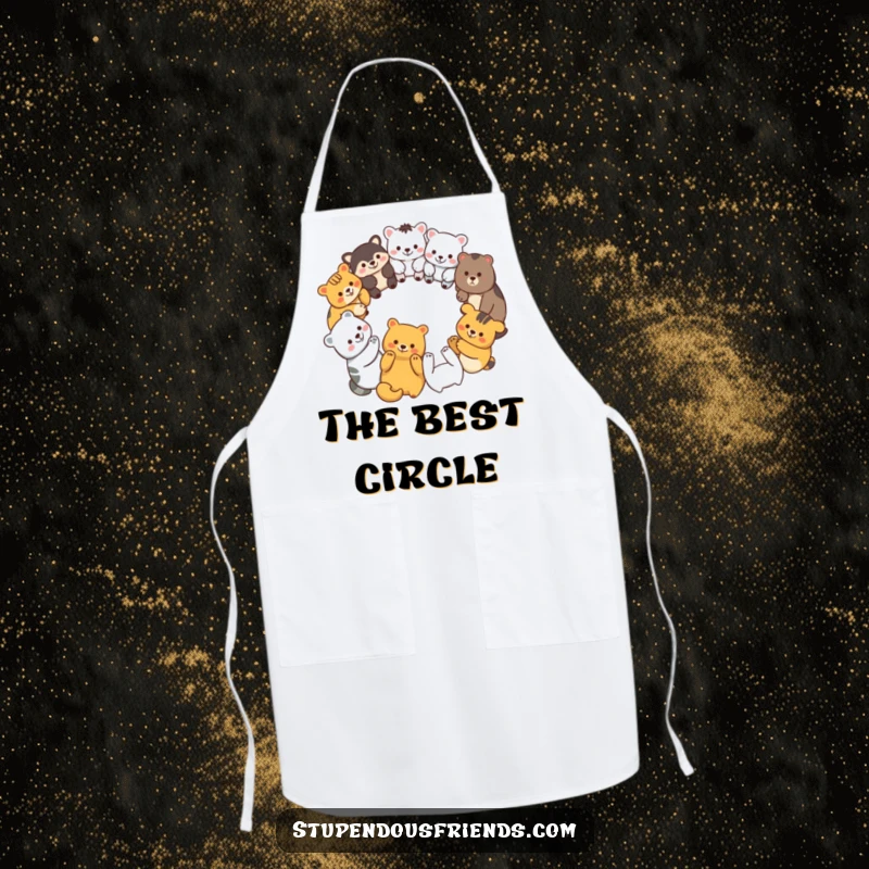 Funny apron art of diverse animal characters in a circle holding paws, adding humor and unity to the kitchen.