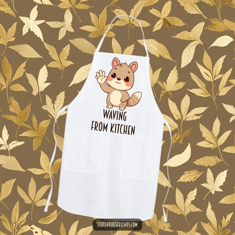 Funny waving animal apron with a cute creature offering a friendly wave, making kitchen tasks more cheerful.