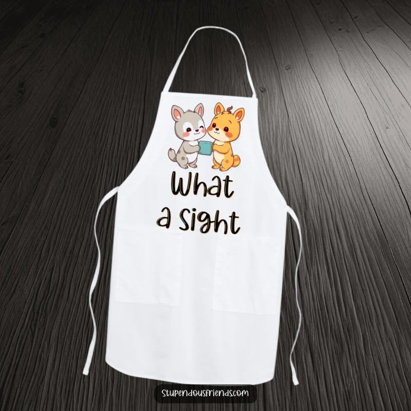 Funny apron art of two animal characters looking with delight at a wondrous discovery, adding humor to the kitchen.