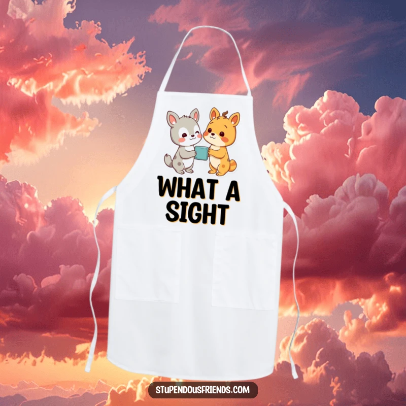 Funny apron art of two animal characters looking with delight at a wondrous discovery, adding humor to the kitchen.