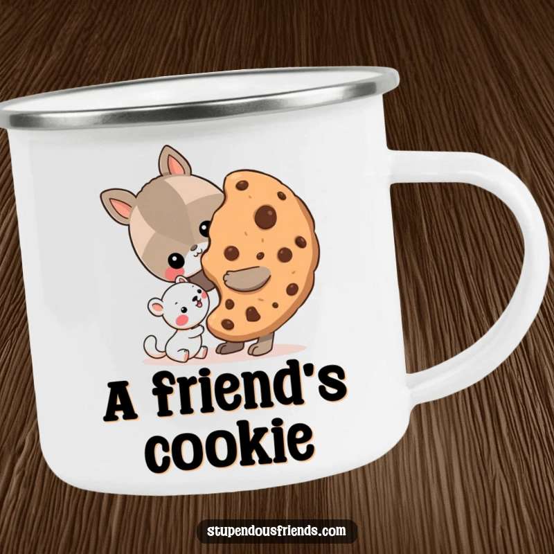 Funny Camping Mug showing an animal sharing a giant cookie with a smaller friend, perfect for sharing treats outdoors.
