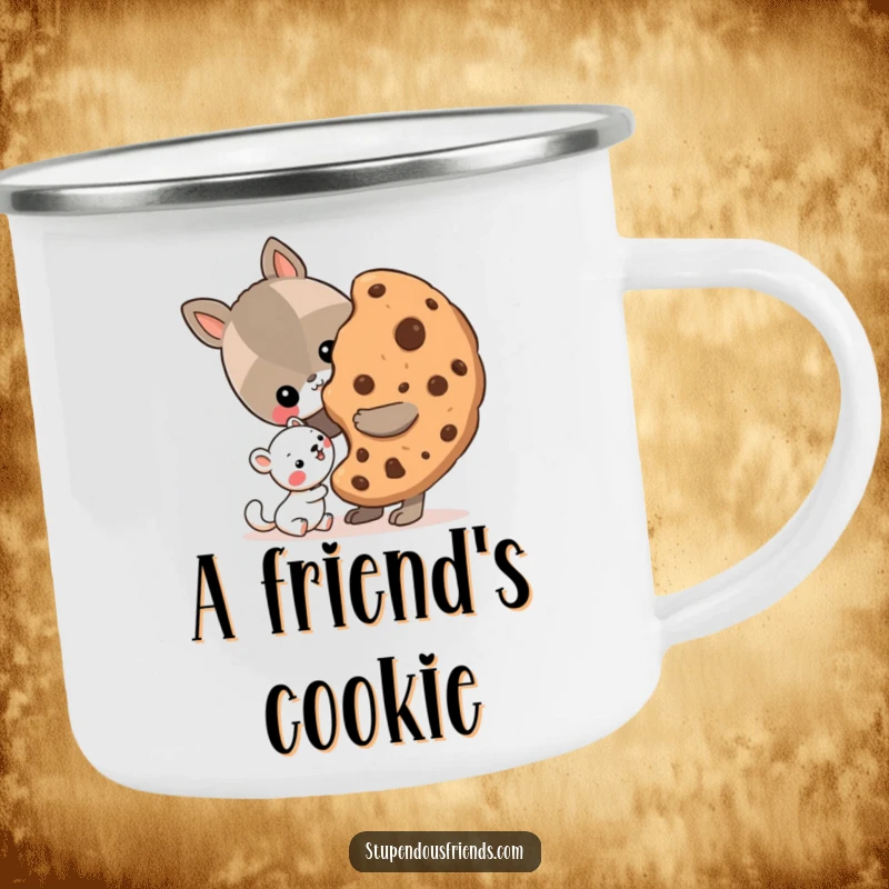 Funny Camping Mug showing an animal sharing a giant cookie with a smaller friend, perfect for sharing treats outdoors.