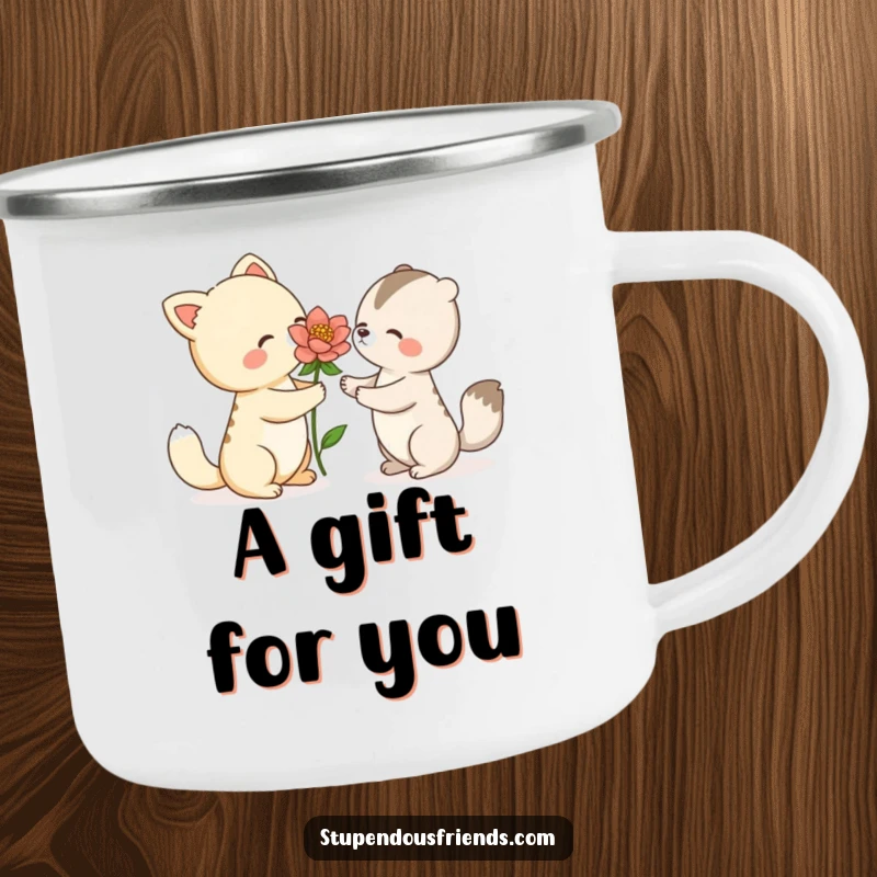 Funny camping mug with an animal character offering a beautiful blooming flower to another, perfect for enjoying beverages during outdoor excursions.