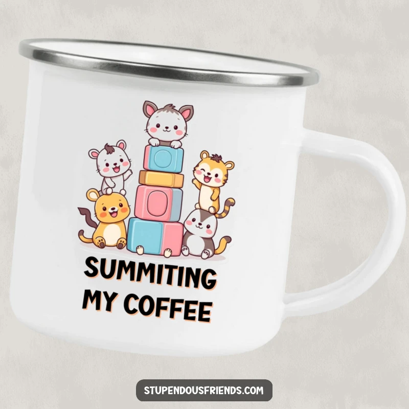 Funny camping mug showing smiling animals constructing a block tower, ready for outdoor adventures and hot drinks.