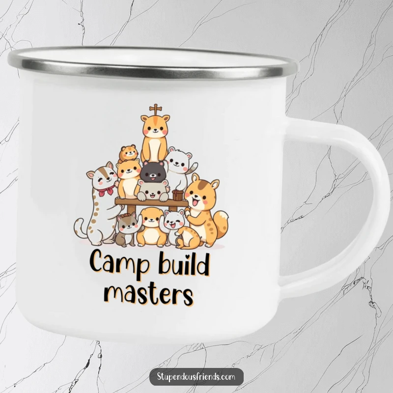 Funny Animal Camping Mug with characters joyfully building a structure, symbolizing teamwork and shared effort with a humorous outdoor vibe.