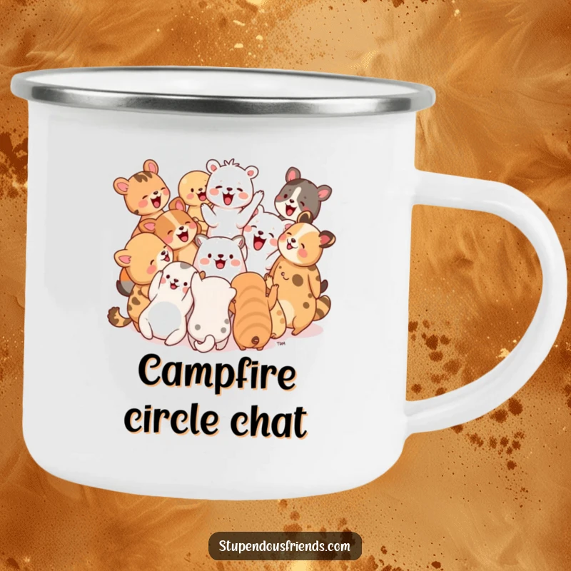 Funny Camping Mug: A circle of animals cheering and laughing together, perfect for outdoor gatherings and joyful moments.