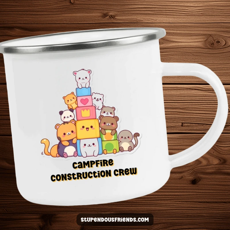 Funny camping mug with animals building a block tower, ideal for outdoor laughs and coffee. A rugged funny gift.