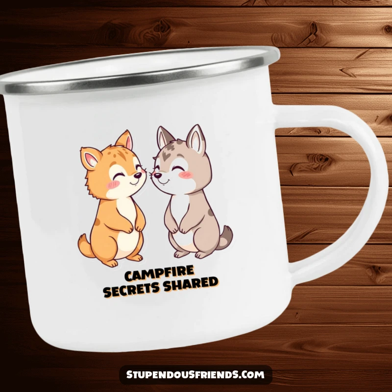 Funny camping mug with animals sharing secrets with conspiratorial grins, perfect for outdoor whispers and warm drinks.